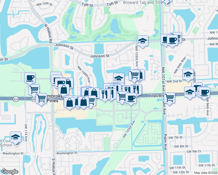 map of restaurants, bars, coffee shops, grocery stores, and more near 10600 Northwest 1st Street in Pembroke Pines
