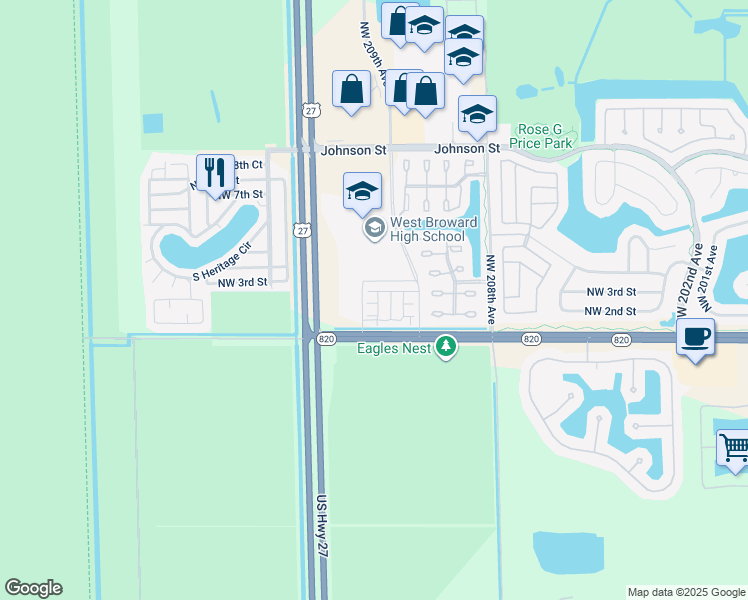 map of restaurants, bars, coffee shops, grocery stores, and more near 20950 Northwest 1st Court in Pembroke Pines
