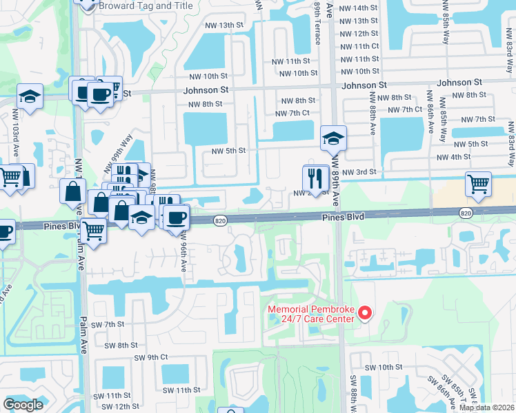 map of restaurants, bars, coffee shops, grocery stores, and more near 568 Palm Circle East in Pembroke Pines