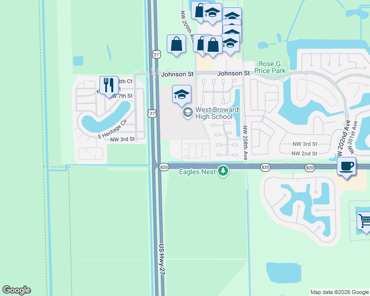 map of restaurants, bars, coffee shops, grocery stores, and more near 20950 Northwest 1st Court in Pembroke Pines