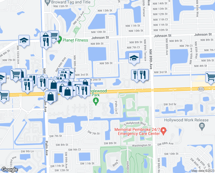 map of restaurants, bars, coffee shops, grocery stores, and more near 104 Northwest 93rd Avenue in Pembroke Pines