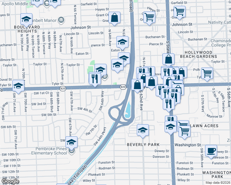 map of restaurants, bars, coffee shops, grocery stores, and more near 210 Southwest 64th Avenue in Pembroke Pines
