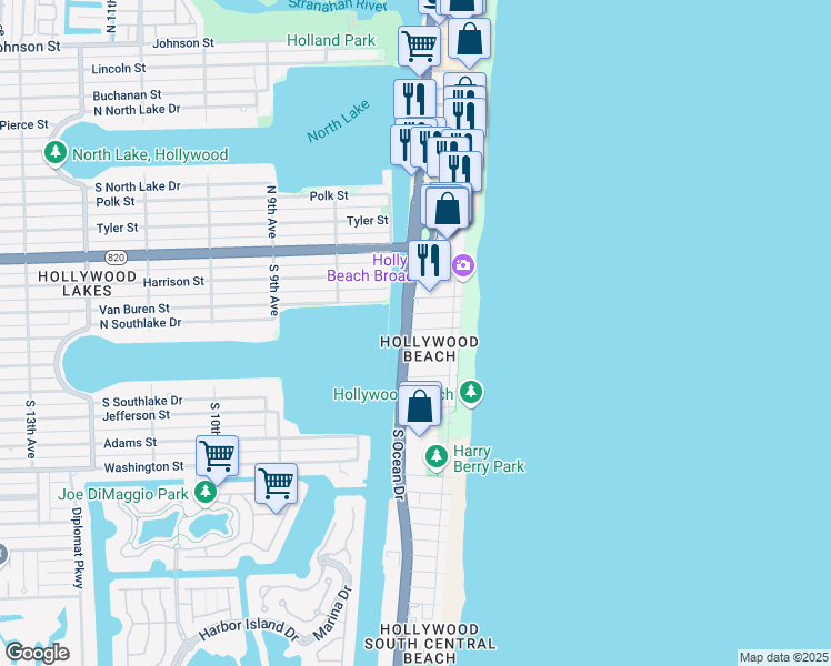 map of restaurants, bars, coffee shops, grocery stores, and more near 602 South Ocean Drive in Hollywood