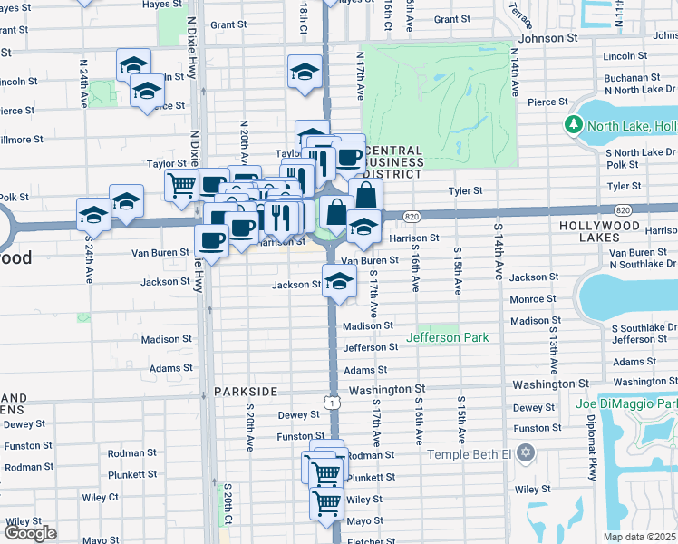 map of restaurants, bars, coffee shops, grocery stores, and more near 303 South Federal Highway in Hollywood