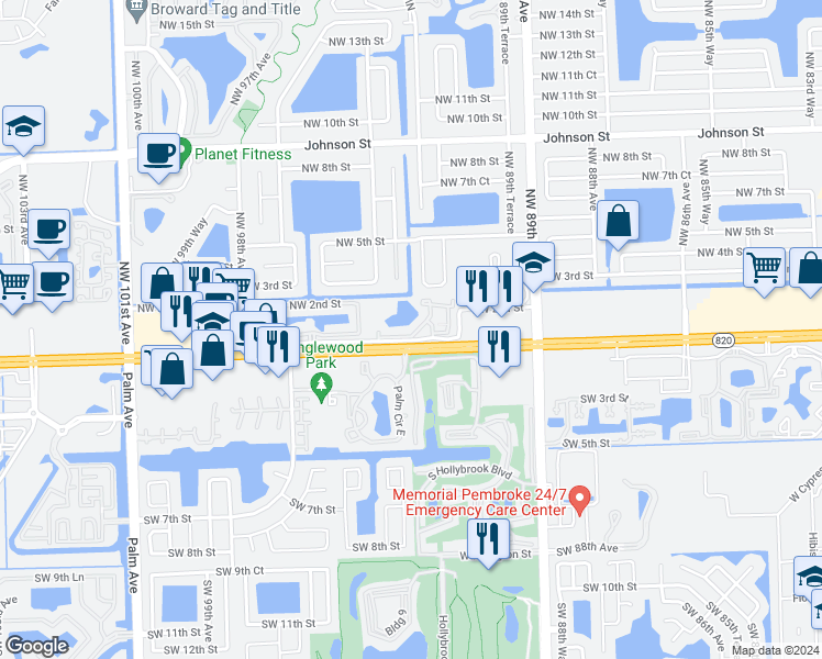 map of restaurants, bars, coffee shops, grocery stores, and more near 9242 Northwest 1st Street in Pembroke Pines