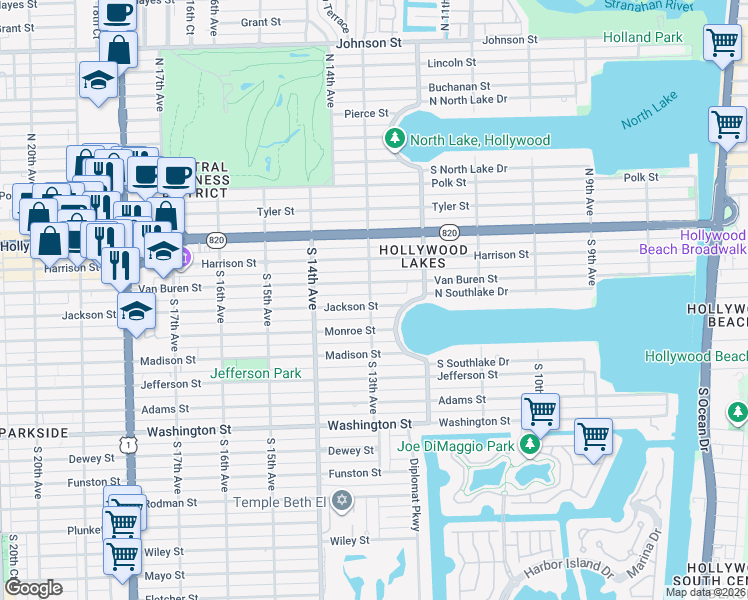 map of restaurants, bars, coffee shops, grocery stores, and more near 1317 Van Buren Street in Hollywood