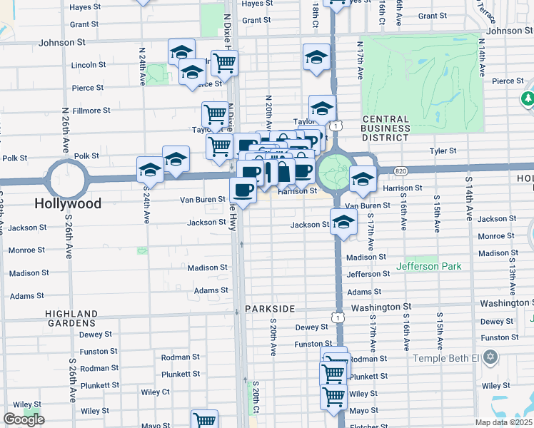 map of restaurants, bars, coffee shops, grocery stores, and more near 2000 Van Buren Street in Hollywood