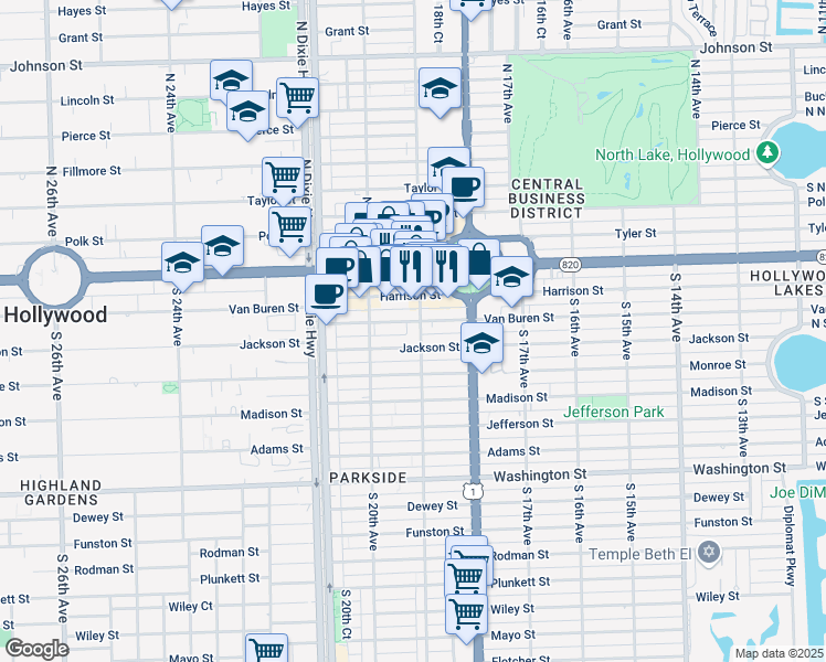 map of restaurants, bars, coffee shops, grocery stores, and more near 1900 Van Buren Street in Hollywood