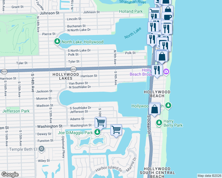 map of restaurants, bars, coffee shops, grocery stores, and more near 922 Van Buren Street in Hollywood