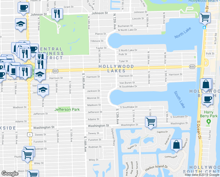 map of restaurants, bars, coffee shops, grocery stores, and more near 1231 Van Buren Street in Hollywood