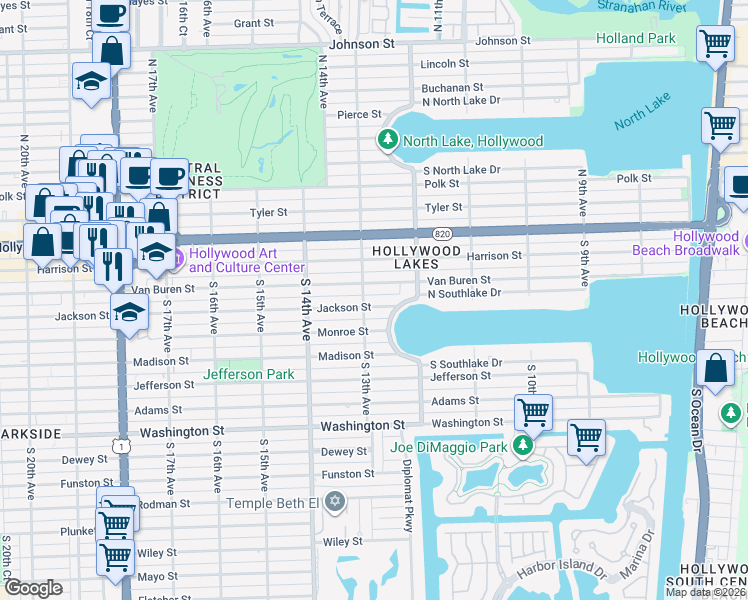 map of restaurants, bars, coffee shops, grocery stores, and more near 1231 Van Buren Street in Hollywood