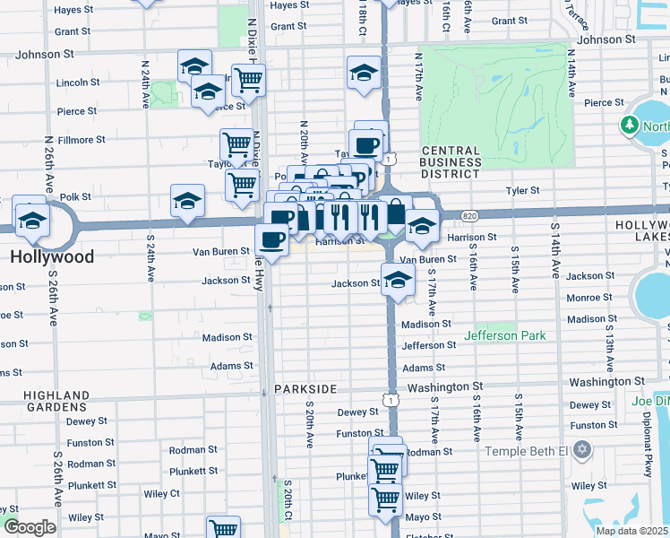 map of restaurants, bars, coffee shops, grocery stores, and more near 1900 Harrison Street in Hollywood