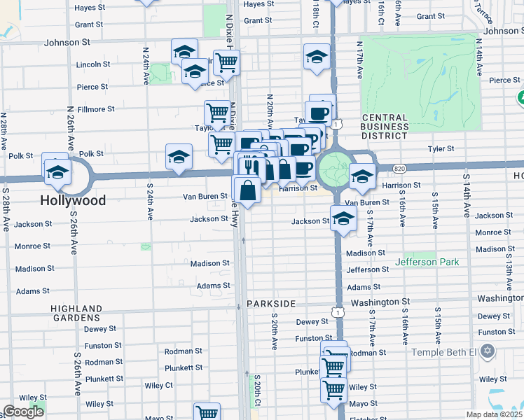 map of restaurants, bars, coffee shops, grocery stores, and more near 2035 Van Buren Street in Hollywood