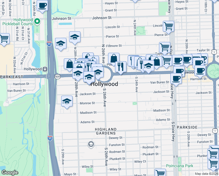 map of restaurants, bars, coffee shops, grocery stores, and more near 2527-2599 Van Buren Street in Hollywood