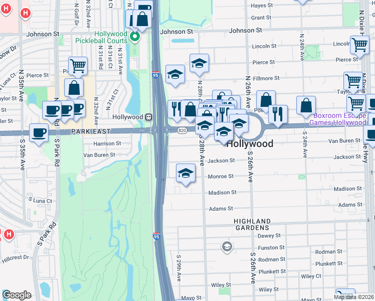 map of restaurants, bars, coffee shops, grocery stores, and more near 2829 Van Buren Street in Hollywood