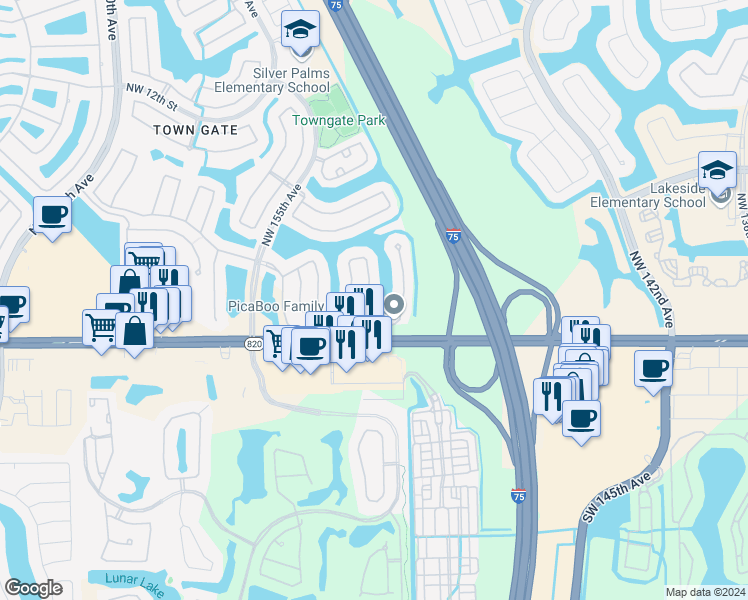 map of restaurants, bars, coffee shops, grocery stores, and more near 302 Northwest 152nd Avenue in Pembroke Pines