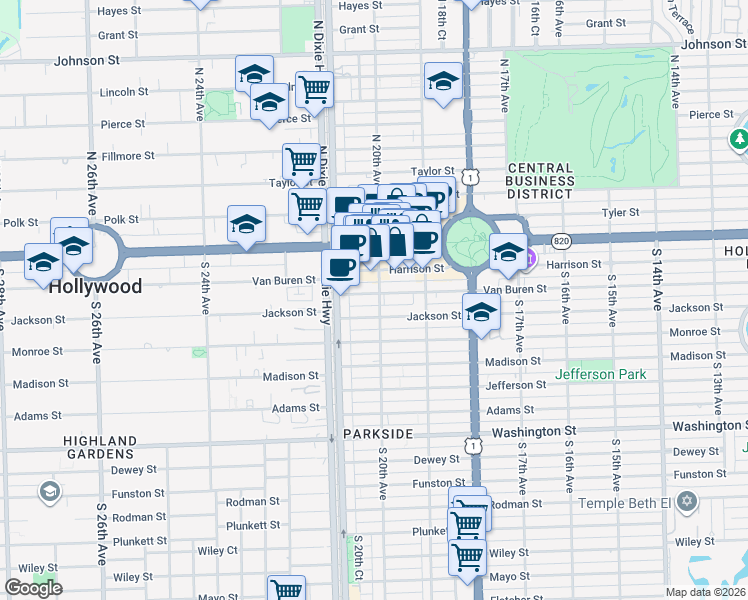 map of restaurants, bars, coffee shops, grocery stores, and more near 1940 Harrison Street in Hollywood