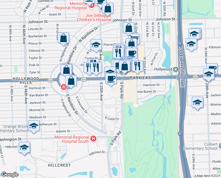 map of restaurants, bars, coffee shops, grocery stores, and more near 200 South Park Road in Hollywood