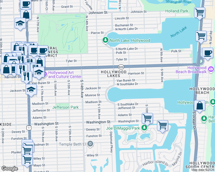 map of restaurants, bars, coffee shops, grocery stores, and more near 1231 Van Buren Street in Hollywood