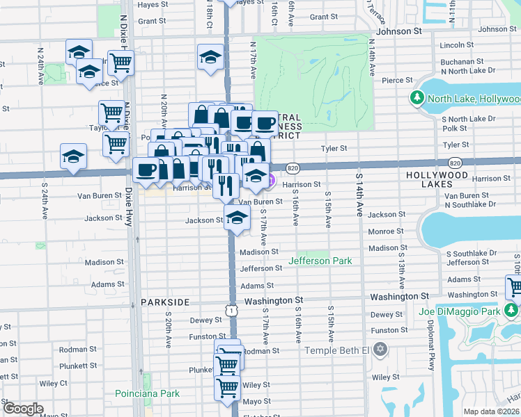 map of restaurants, bars, coffee shops, grocery stores, and more near 1647 Van Buren Street in Hollywood