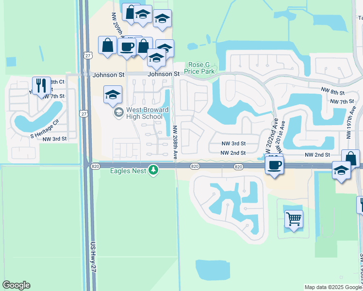map of restaurants, bars, coffee shops, grocery stores, and more near 234 Northwest 207th Terrace in Pembroke Pines