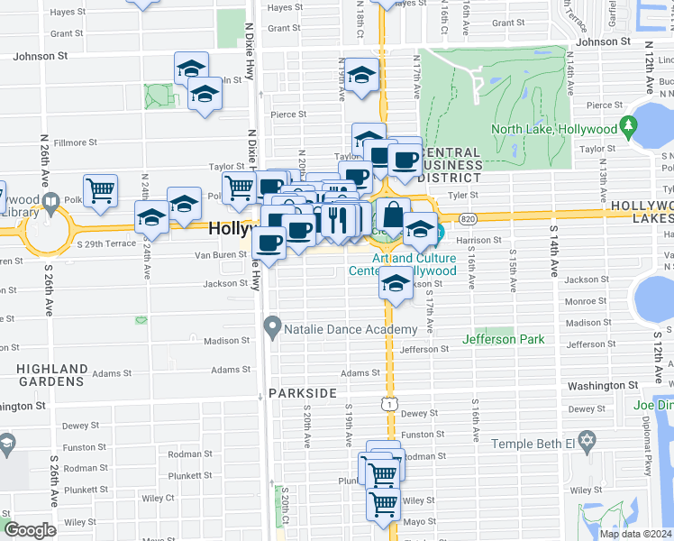 map of restaurants, bars, coffee shops, grocery stores, and more near 1900 Harrison Street in Hollywood