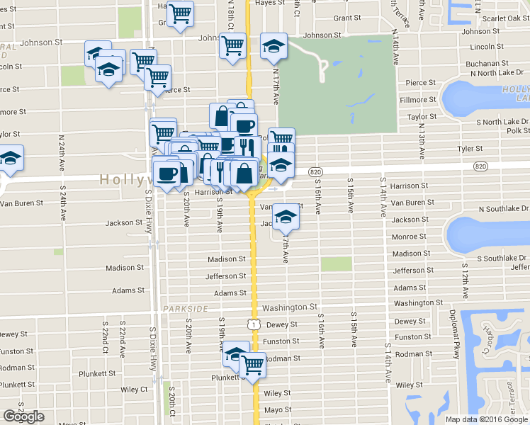 map of restaurants, bars, coffee shops, grocery stores, and more near 1727 Van Buren Street in Hollywood