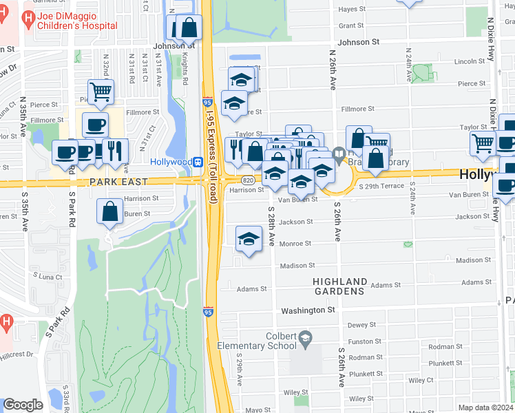 map of restaurants, bars, coffee shops, grocery stores, and more near 2829 Van Buren Street in Hollywood