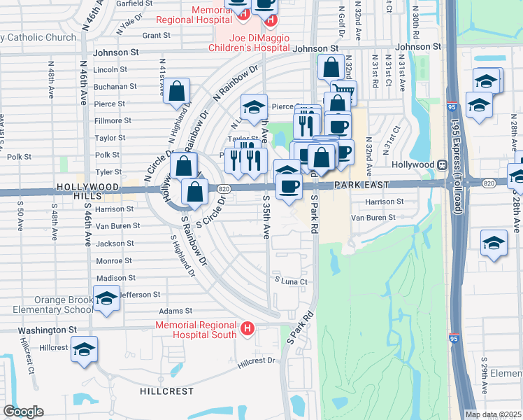 map of restaurants, bars, coffee shops, grocery stores, and more near 3550 Hollywood Boulevard in Hollywood