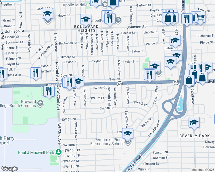 map of restaurants, bars, coffee shops, grocery stores, and more near 6850 Tyler Street in Hollywood