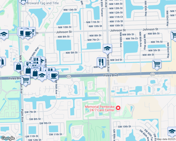 map of restaurants, bars, coffee shops, grocery stores, and more near 154 Northwest 92nd Avenue in Pembroke Pines