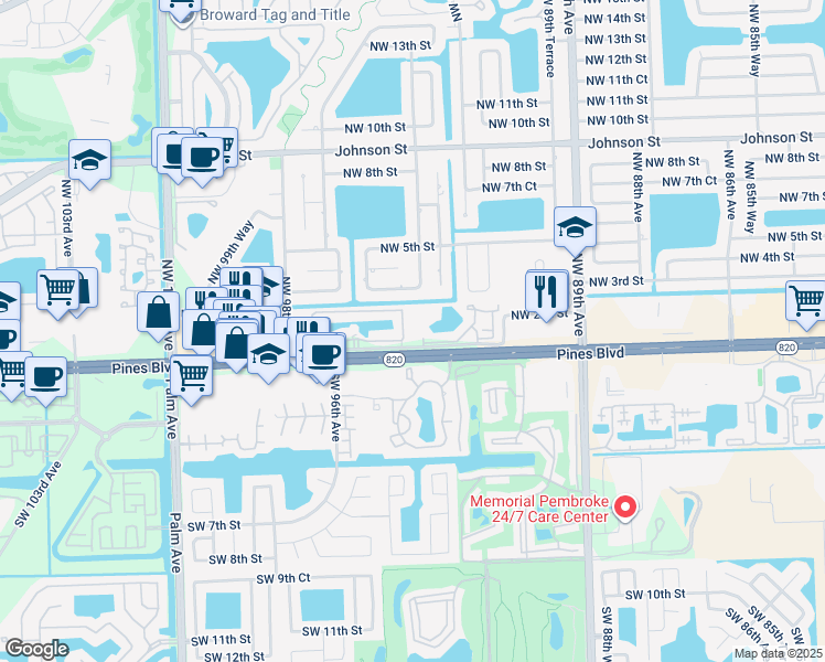 map of restaurants, bars, coffee shops, grocery stores, and more near 9610 Northwest 2nd Street in Pembroke Pines