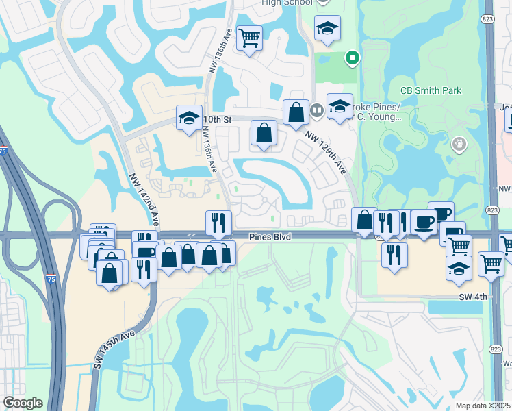 map of restaurants, bars, coffee shops, grocery stores, and more near 13401 Northwest 5th Court in Pembroke Pines