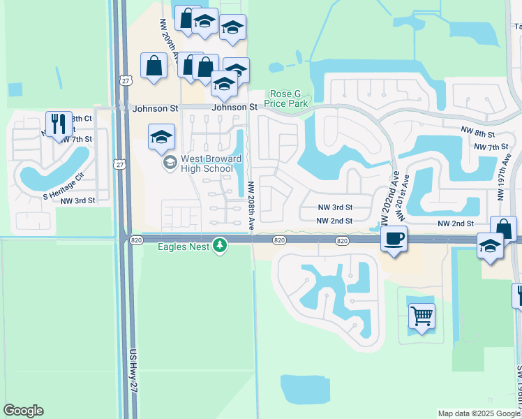 map of restaurants, bars, coffee shops, grocery stores, and more near 234 Northwest 207th Terrace in Pembroke Pines