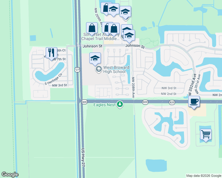 map of restaurants, bars, coffee shops, grocery stores, and more near 20919 NorthWest 1st Drive in Pembroke Pines