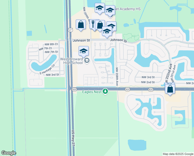 map of restaurants, bars, coffee shops, grocery stores, and more near 20919 NorthWest 1st Drive in Pembroke Pines