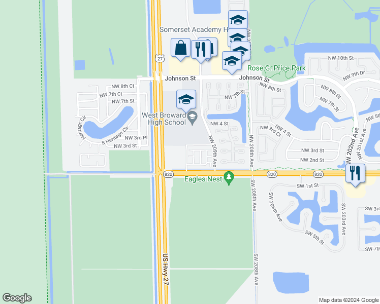 map of restaurants, bars, coffee shops, grocery stores, and more near 20961 NorthWest 1st Drive in Pembroke Pines