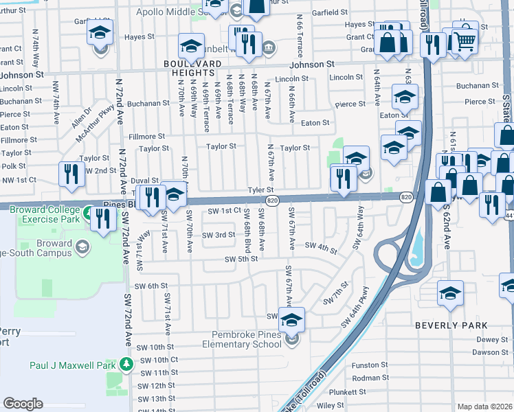 map of restaurants, bars, coffee shops, grocery stores, and more near 6800 Pines Boulevard in Pembroke Pines