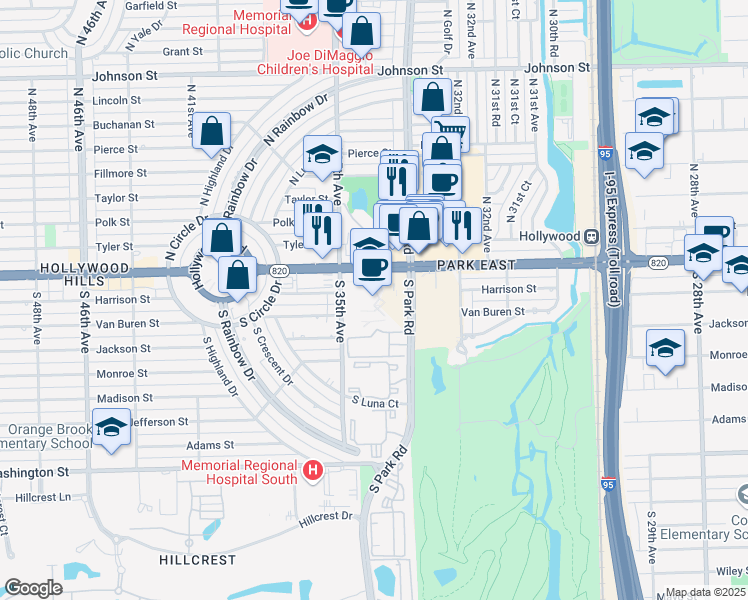 map of restaurants, bars, coffee shops, grocery stores, and more near 200 South Park Road in Hollywood
