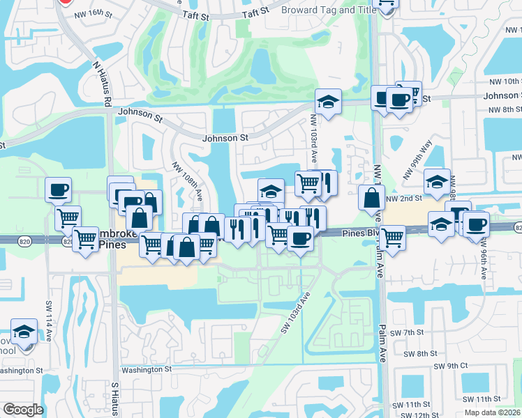 map of restaurants, bars, coffee shops, grocery stores, and more near 278 Northwest 106th Avenue in Pembroke Pines