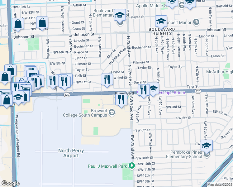 map of restaurants, bars, coffee shops, grocery stores, and more near 7300 Pines Boulevard in Pembroke Pines