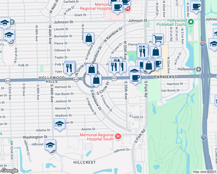 map of restaurants, bars, coffee shops, grocery stores, and more near 3730 Harrison Street in Hollywood