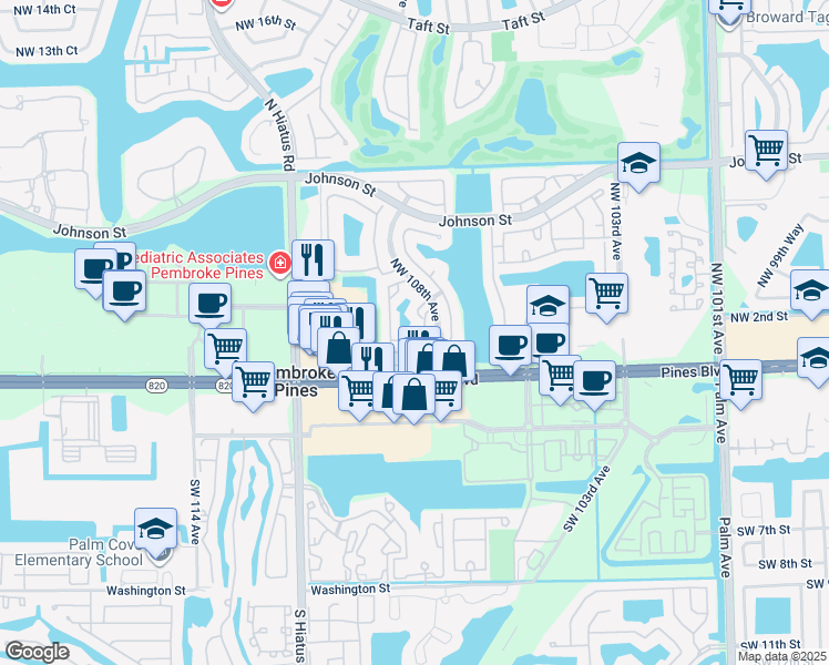 map of restaurants, bars, coffee shops, grocery stores, and more near 120 Northwest 108th Terrace in Pembroke Pines