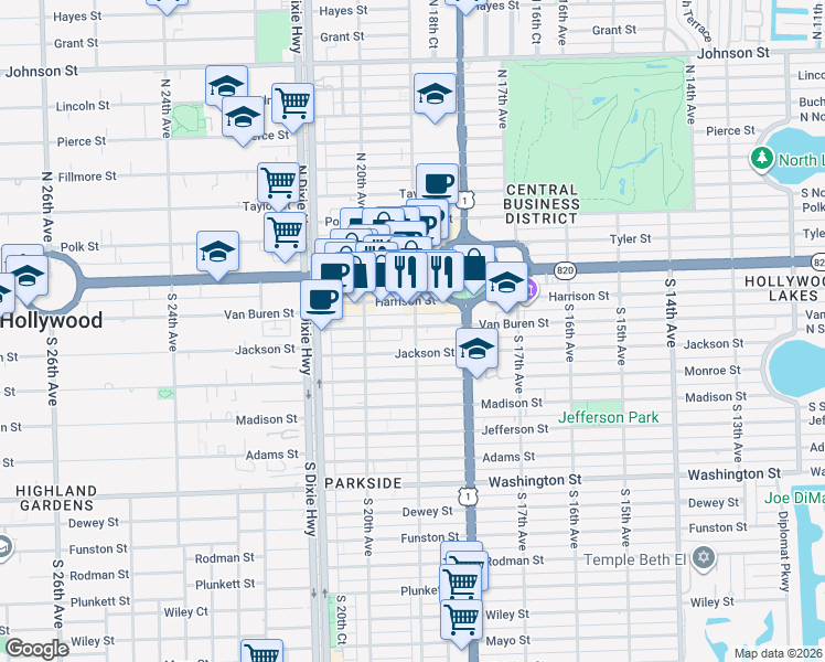 map of restaurants, bars, coffee shops, grocery stores, and more near 1900 Harrison Street in Hollywood