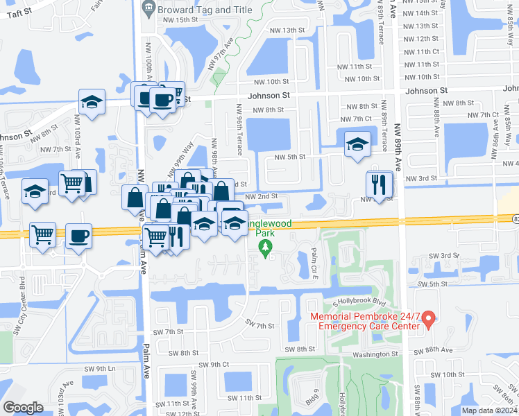 map of restaurants, bars, coffee shops, grocery stores, and more near 9625 Northwest 1st Court in Pembroke Pines