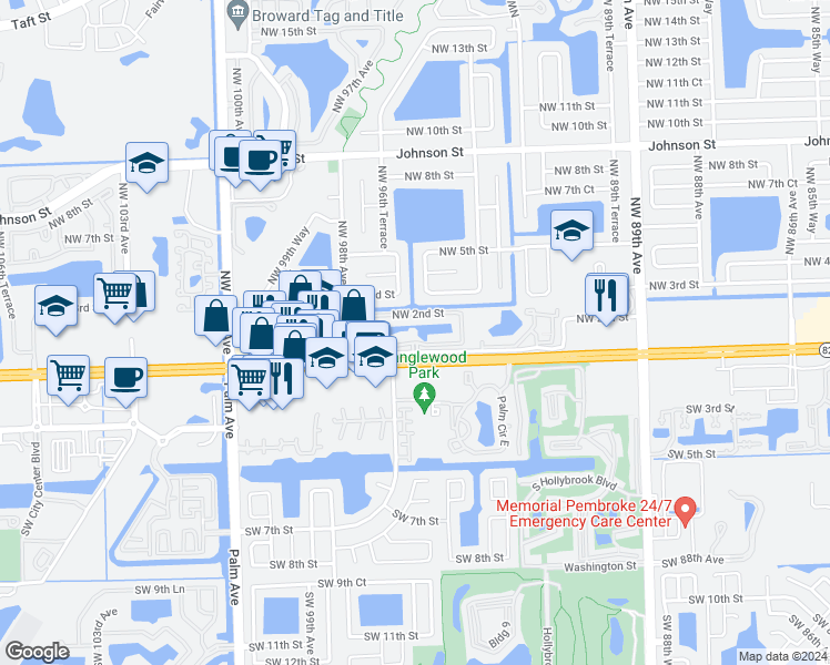 map of restaurants, bars, coffee shops, grocery stores, and more near 155 Northwest 96th Terrace in Pembroke Pines