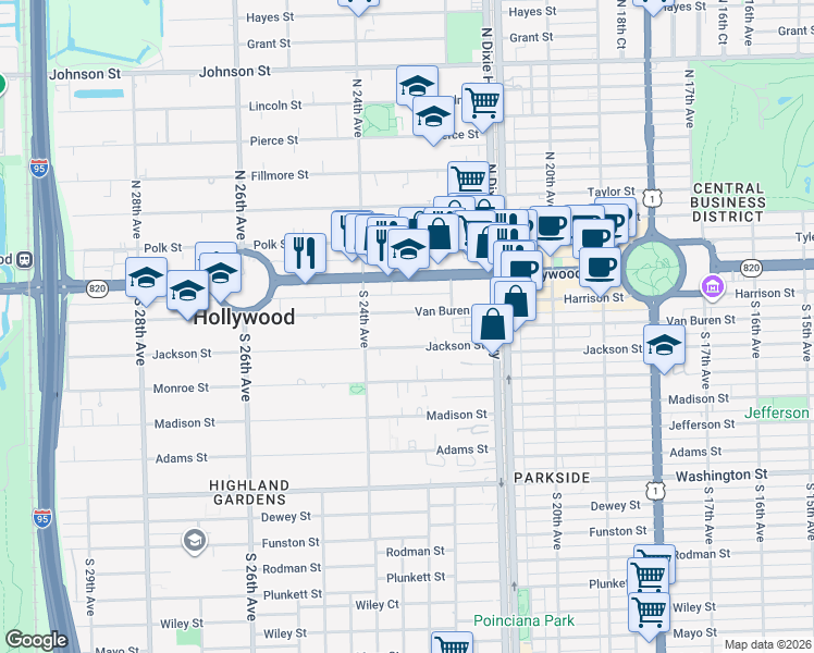 map of restaurants, bars, coffee shops, grocery stores, and more near 2240 Van Buren Street in Hollywood