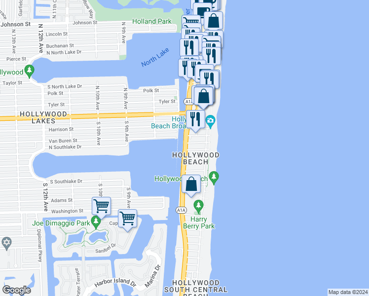 map of restaurants, bars, coffee shops, grocery stores, and more near 355 Virginia Street in Hollywood