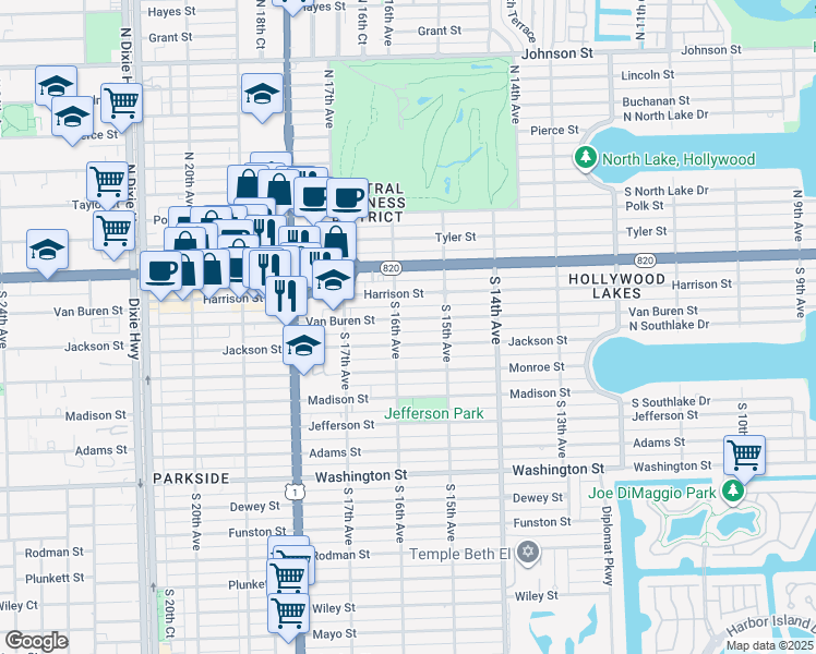 map of restaurants, bars, coffee shops, grocery stores, and more near 218 South 16th Avenue in Hollywood