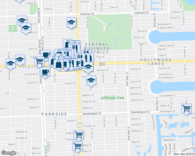 map of restaurants, bars, coffee shops, grocery stores, and more near 1647 Van Buren Street in Hollywood